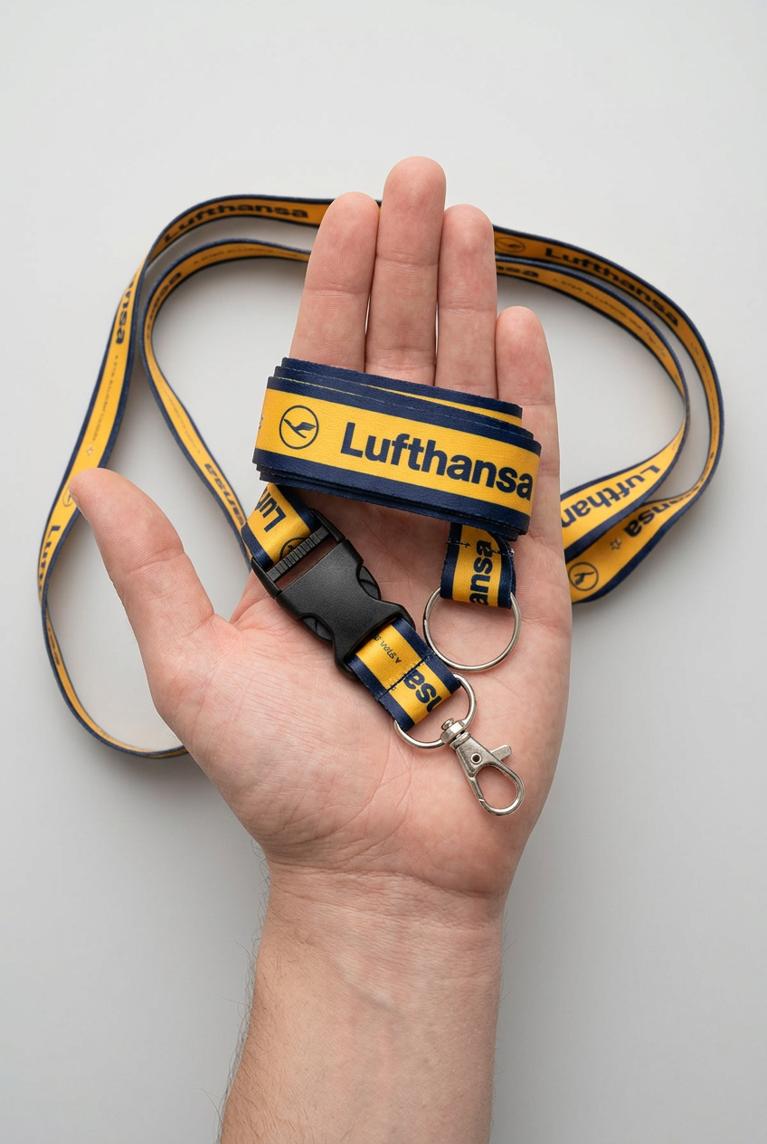 Lufthansa old-logo lanyard hand-held scale-context preview
